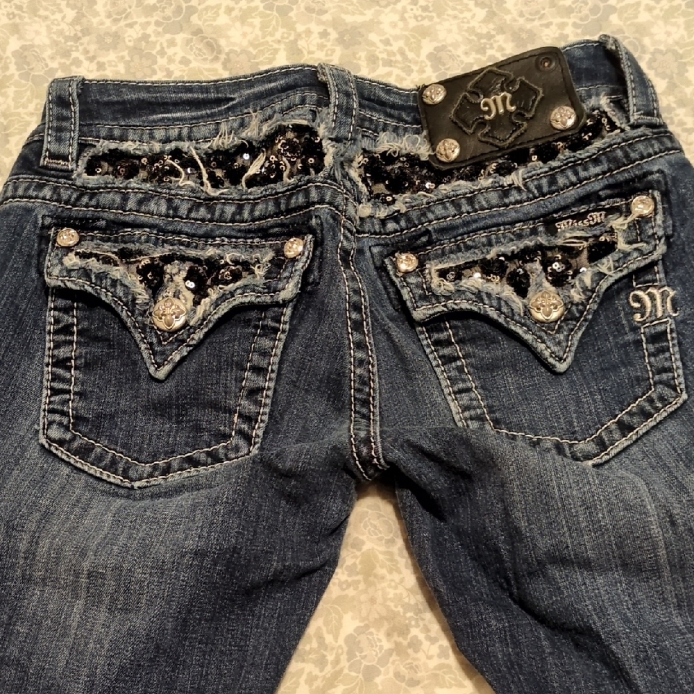 Miss Me Dark Blue Boot Cut Jeans with Black Embellishments